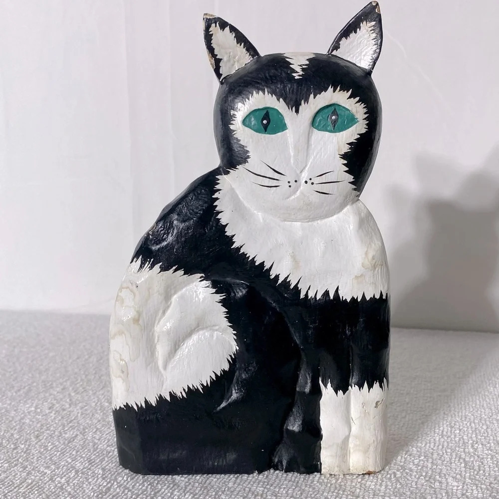 James Haddon Hand  Carved Wood Folk Art Cat Statue Kitty